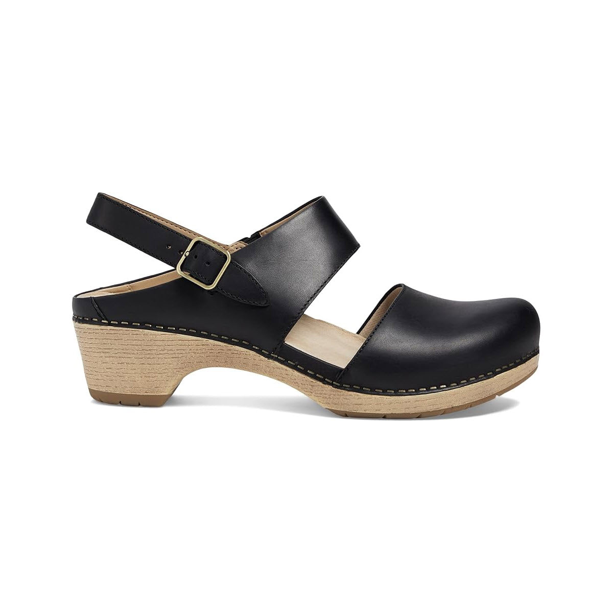 A Dansko Lucia Black - Womens leather clog with an adjustable heel strap, set on a wooden heel and platform, isolated on a white background.
