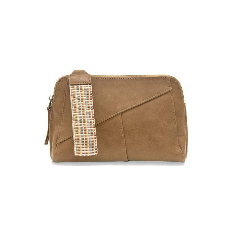 JOY SUSAN GIGI CROSSBODY BAG TAN with a removable wrist strap, angled stitching details, and a zip closure, isolated on white background.