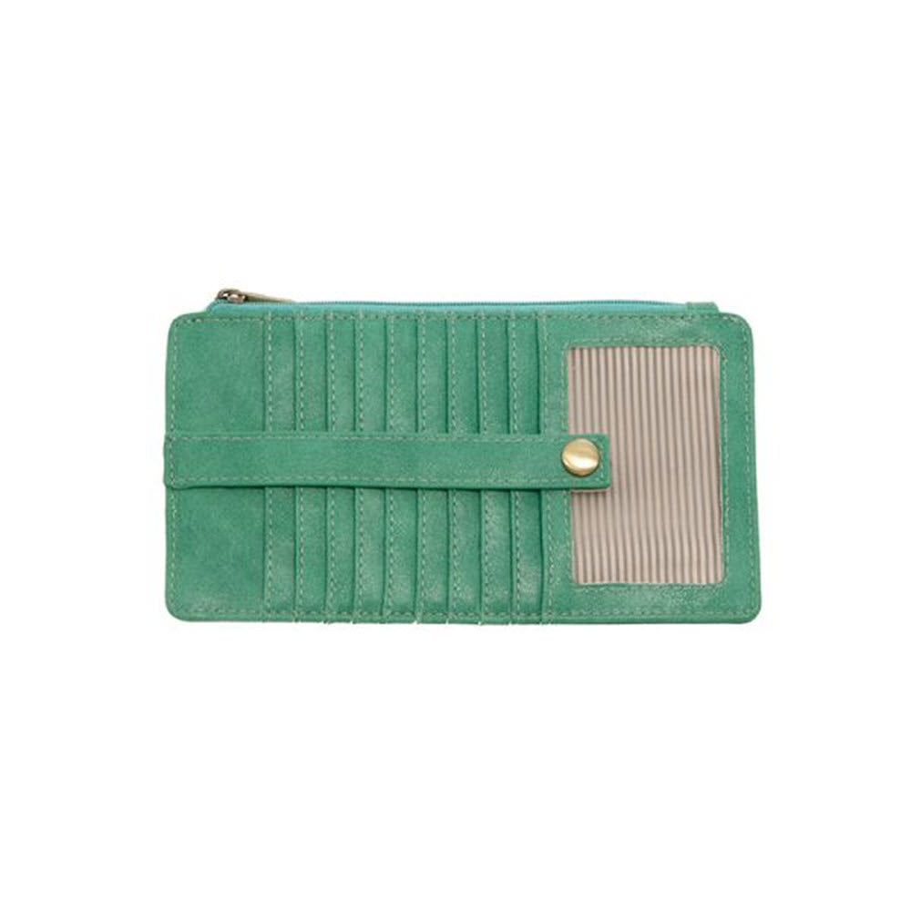 Sentence with replacement: Joy Susan Kara Mini Wallet Jungle Green with textured design and a striped fabric detail on the front flap, secured with a snap button.