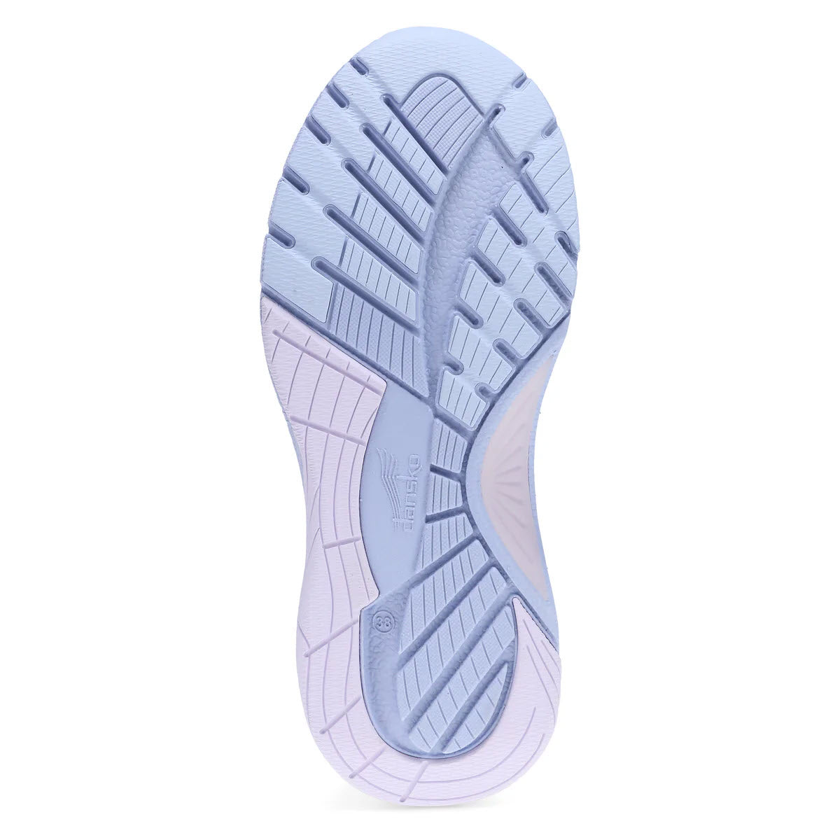 Sole of a DANSKO PEONY LILAC - WOMENS walking sneaker with detailed tread pattern and embossed Dansko Natural Arch Plus logo.