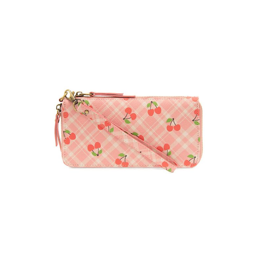 Small pink and white checkered Joy Susan wallet with JOY SUSAN CHLOE PRINTED WALLET CHERRIES design and a zip around closure.