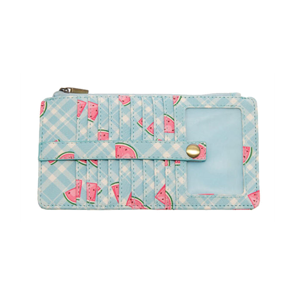 A light blue wallet with a checkered and watermelon slice pattern, featuring a front clasp, card slots, and a clear ID window - Joy Susan Kara Printed Wallet Watermelon.