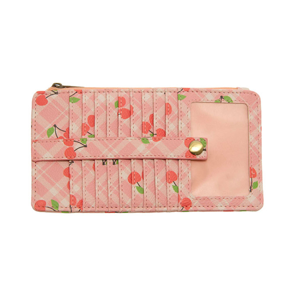 Pink floral and plaid patterned JOY SUSAN KARA PRINTED WALLET CHERRIES with card slots, a front snap closure, and zipper, isolated on a white background.