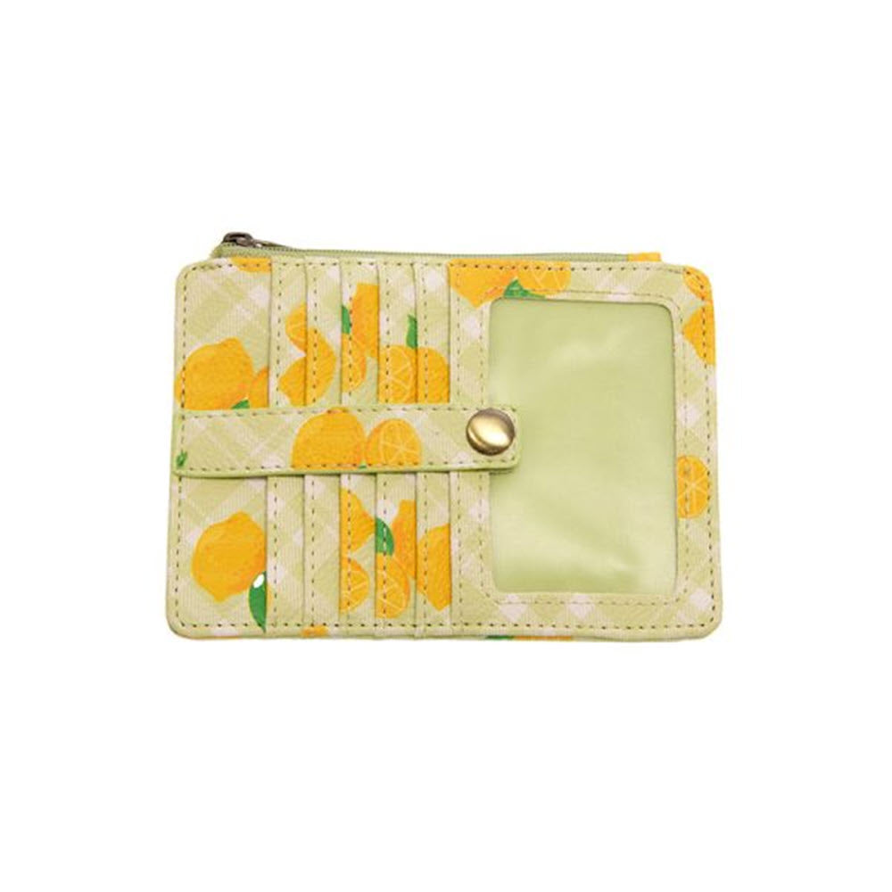 Yellow and green Joy Susan Penny Printed Wallet Lemon with a snap closure and decorative stitching on a white background.