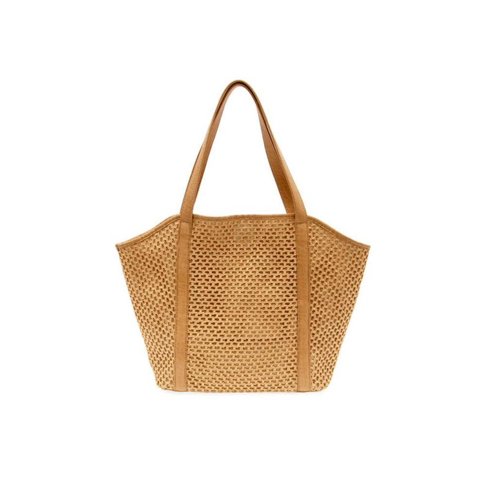 A natural JOY SUSAN HAVEN OPEN WEAVE TOTE with a spacious design and dual handles, isolated on a white background.