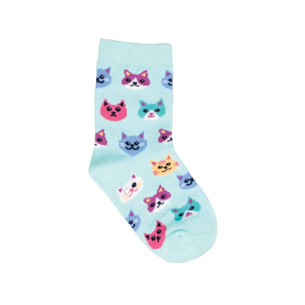 A Socksmith youth sock for shoe size 10-1 featuring a light blue "Cat’s Meow" pattern with colorful cartoon cat faces.