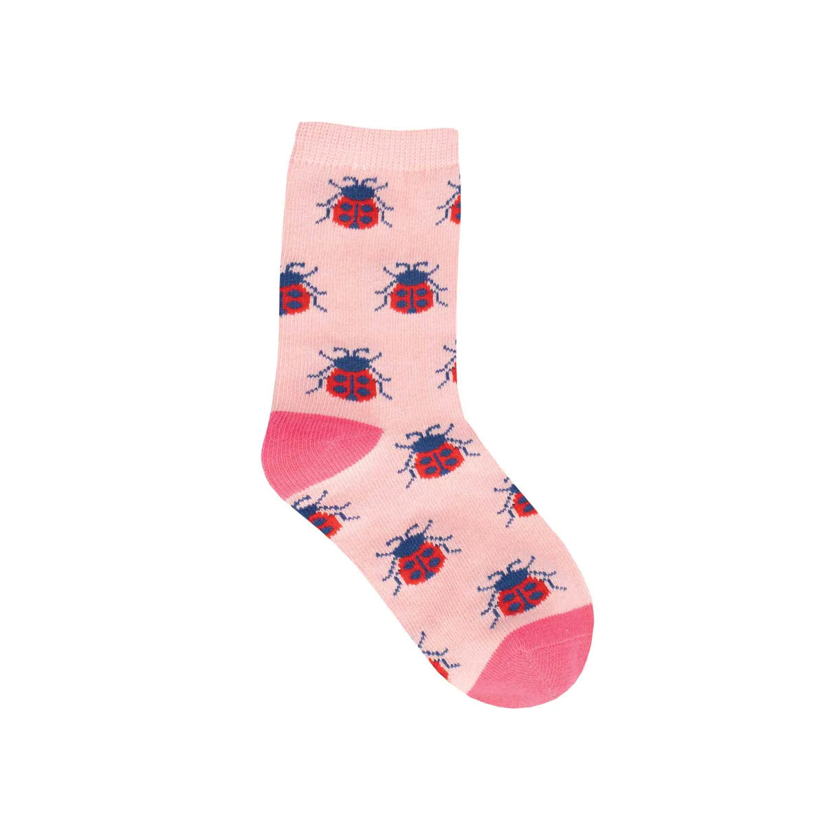 A single SOCKSMITH LADYBUG LOVE CREW SOCKS PINK - KIDS with a pattern of blue and red ladybugs, featuring a red toe and heel, isolated on a white background.