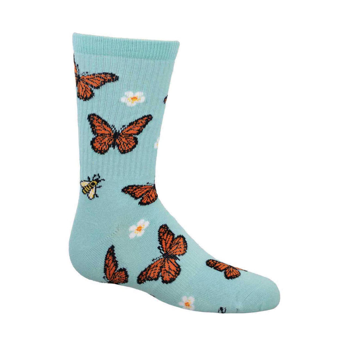A blue SOCKSMITH BE KIND TO MONARCHS CREW SOCKS BLUE - KIDS sock designed with a pattern of orange butterflies and small white flowers, displayed against a white background.