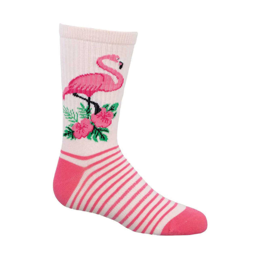 A **Socksmith Flamingo Floral Crew Socks Pink - Kids** featuring a cute pink flamingo and green floral embroidery on a plain background.