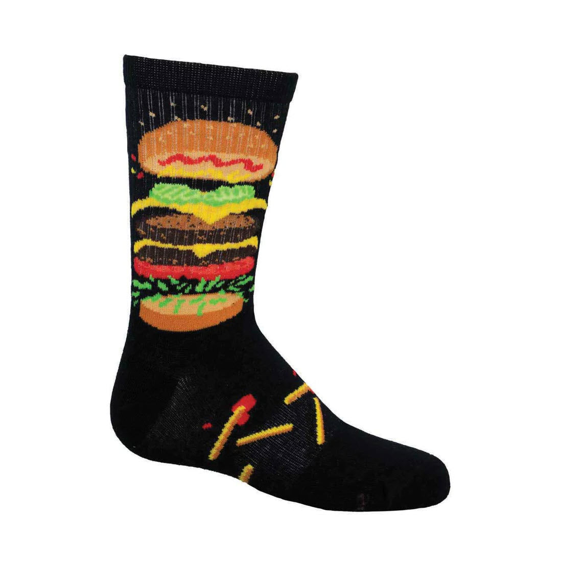 A SOCKSMITH NOT SO SHABBY PATTY CREW SOCKS BLACK - KIDS featuring a fun knitted design of a burger and small french fries scattered near the toes.