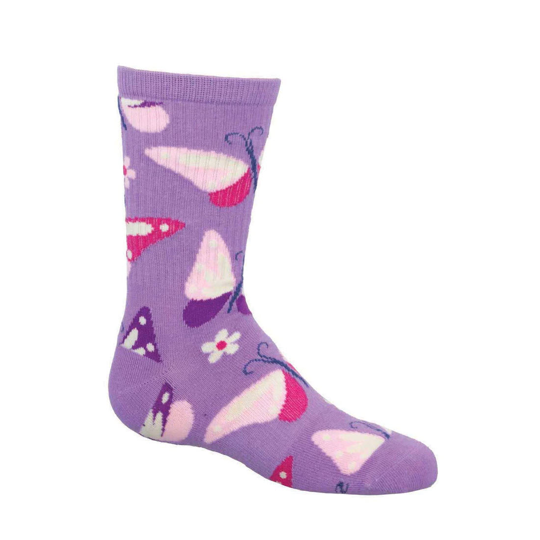 A single purple Socksmith Butterfly Flutters Crew Sock displayed against white feet.