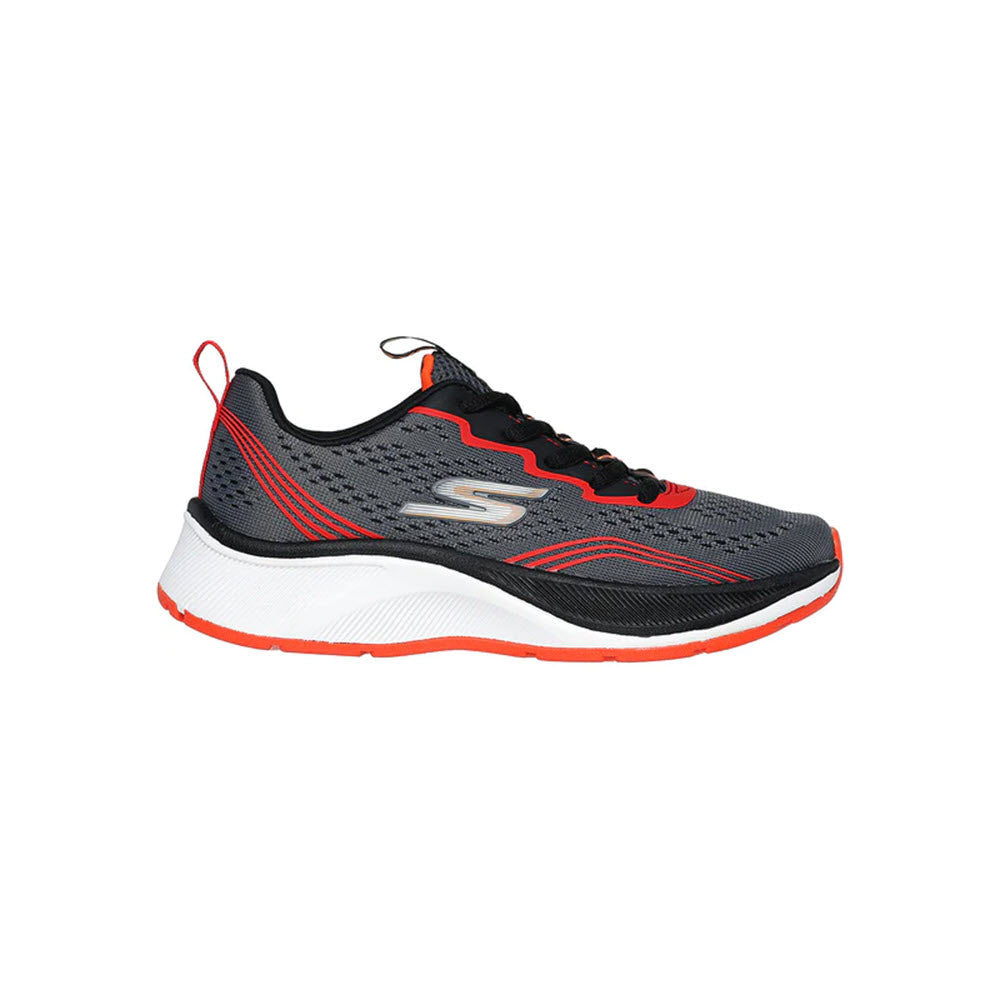 A gray and black Skechers Elite Sport Charcoal/Red running shoe with red accents and an engineered mesh upper, isolated on a white background.