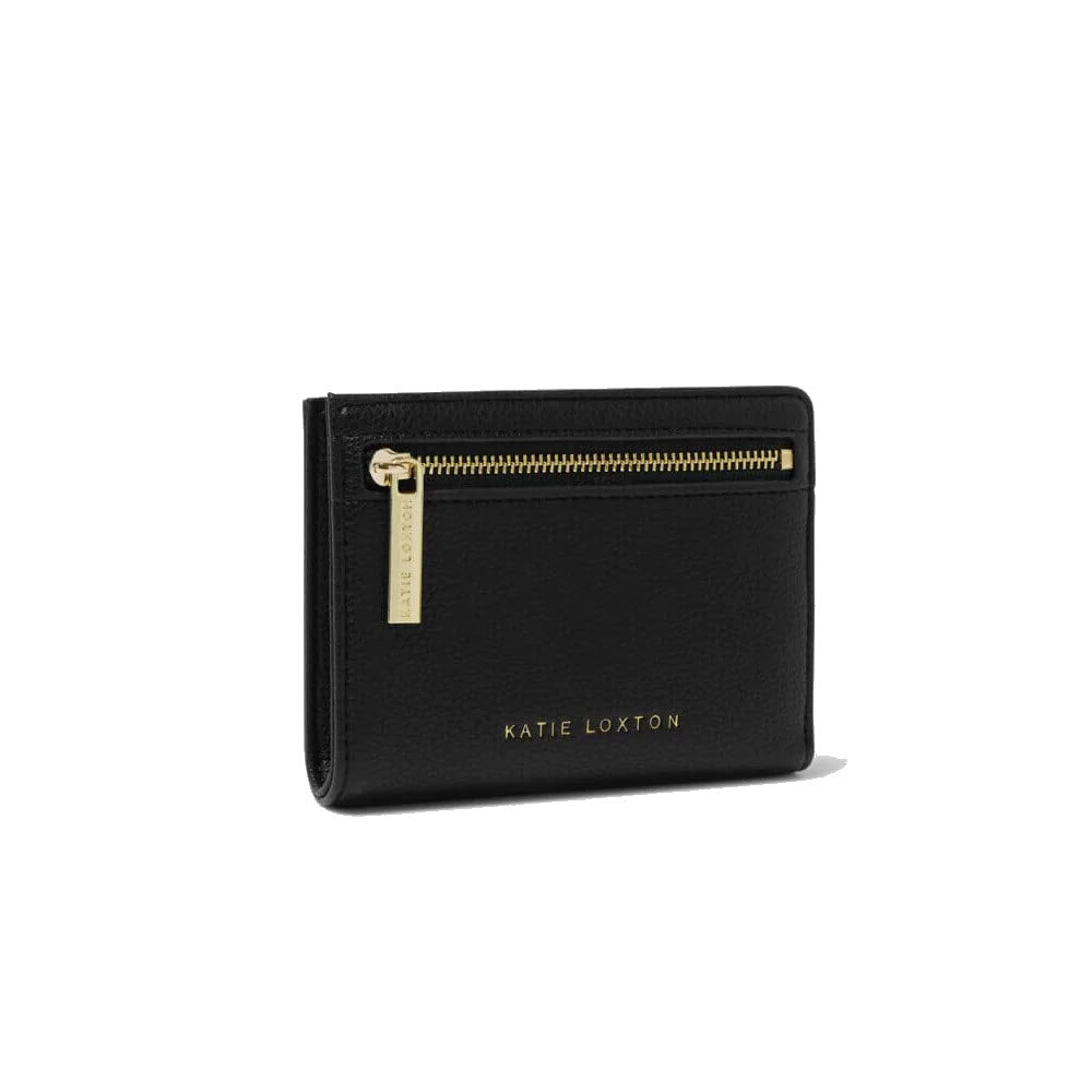 A black Katie Loxton Jayde Wallet made of vegan leather with a gold zipper on a white background.
