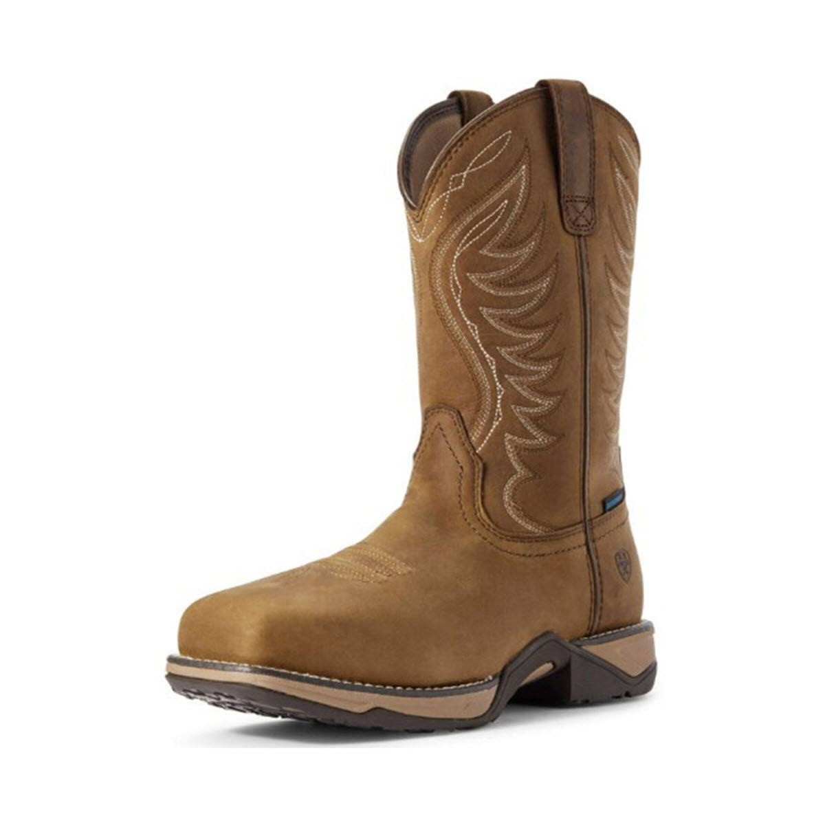 Side view of an Ariat Distressed Brown Women&#39;s Comp Toe Anthem H2O Square Toe Boot with decorative stitching and a square toe, featuring DRYShield™ waterproof breathable construction, isolated on a white background.