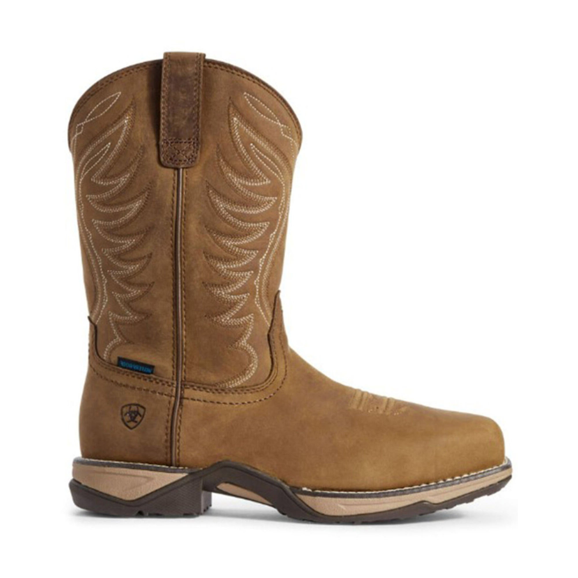 A Ariat brown leather cowboy boot with detailed stitching and a small logo on the side, featuring a waterproof DRYShield™ breathable construction, displayed against a white background.