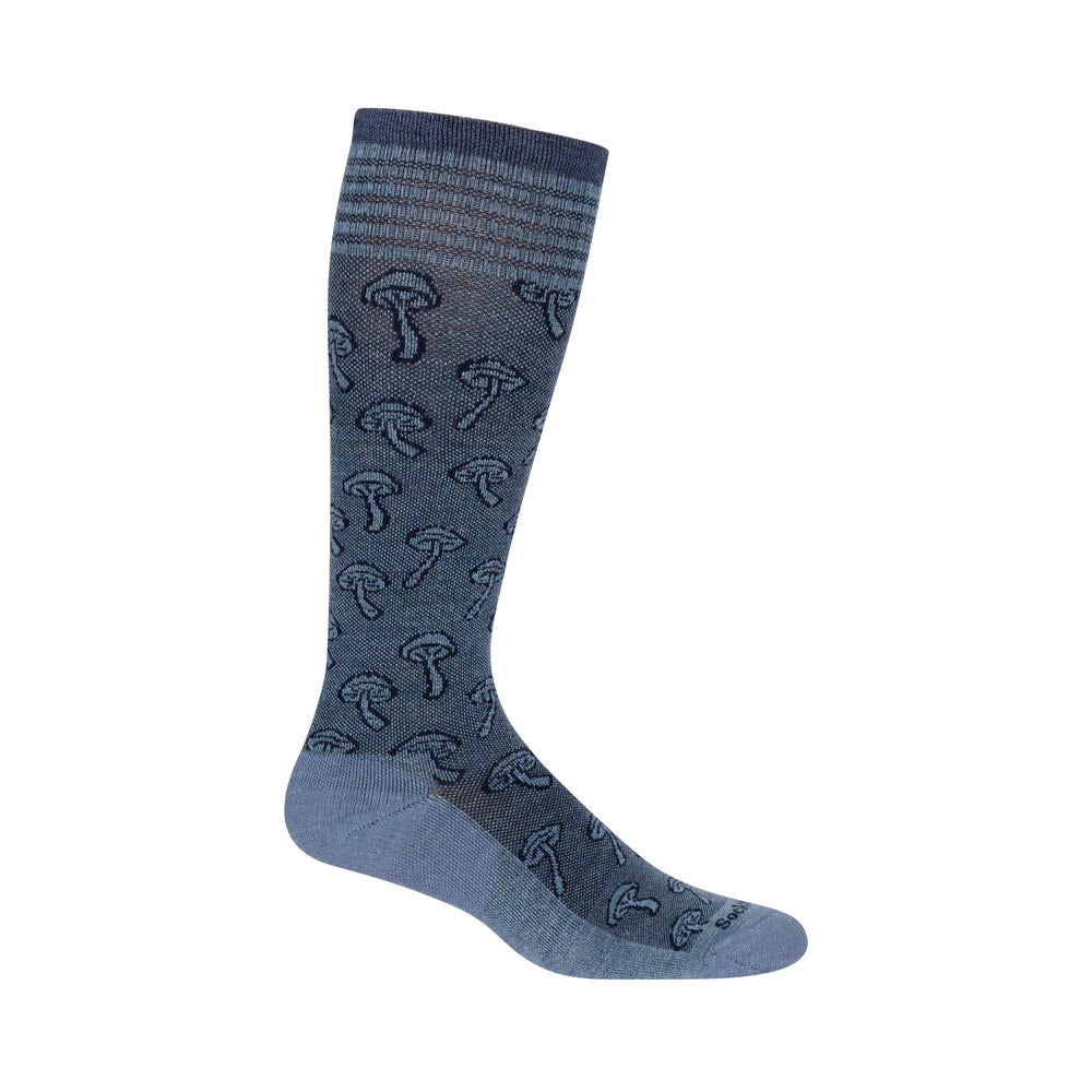 A single Blue Sockwell Forager Knee-Hi 15-20 mmHg Compression Sock in Bluestone, patterned with white umbrellas and designed for graduated compression, displayed against a white background.