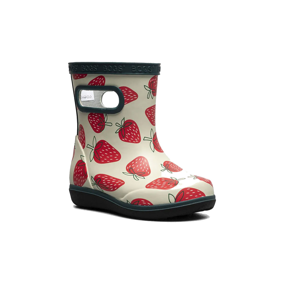 Child&#39;s Bogs Skipper II Strawberries boots with a strawberry pattern on a white background.