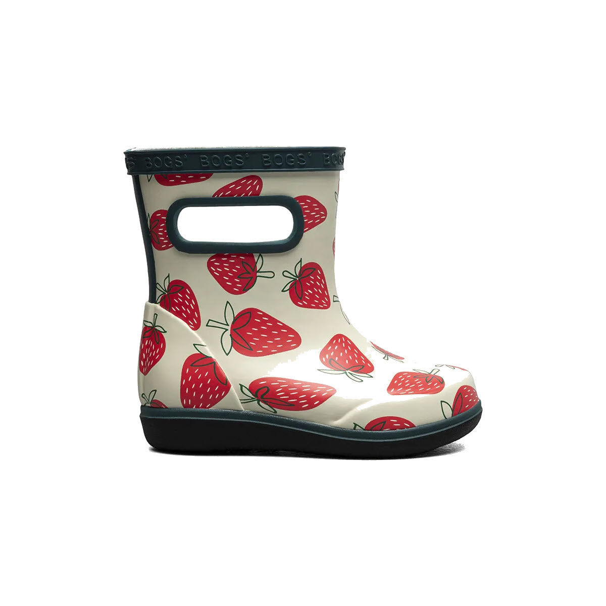 Children&#39;s BOGS SKIPPER II STRAWBERRIES boots with strawberry print on a white background, featuring easy-grip handles.