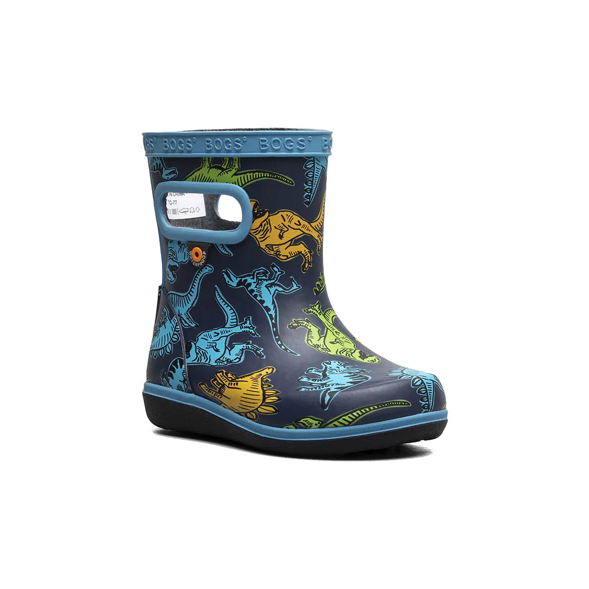 A child&#39;s Bogs Skipper II Super Dino Navy boot with dinosaur patterns and a handle on a white background.