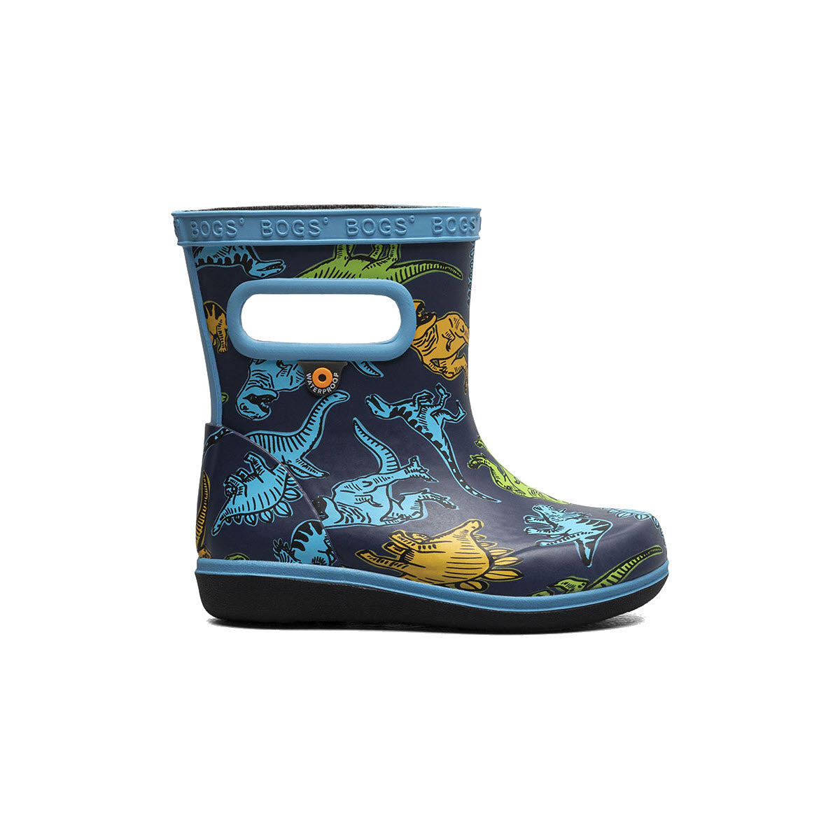 Bogs Kids&#39; waterproof boots with a dinosaur pattern in shades of blue, yellow, and green on a white background.