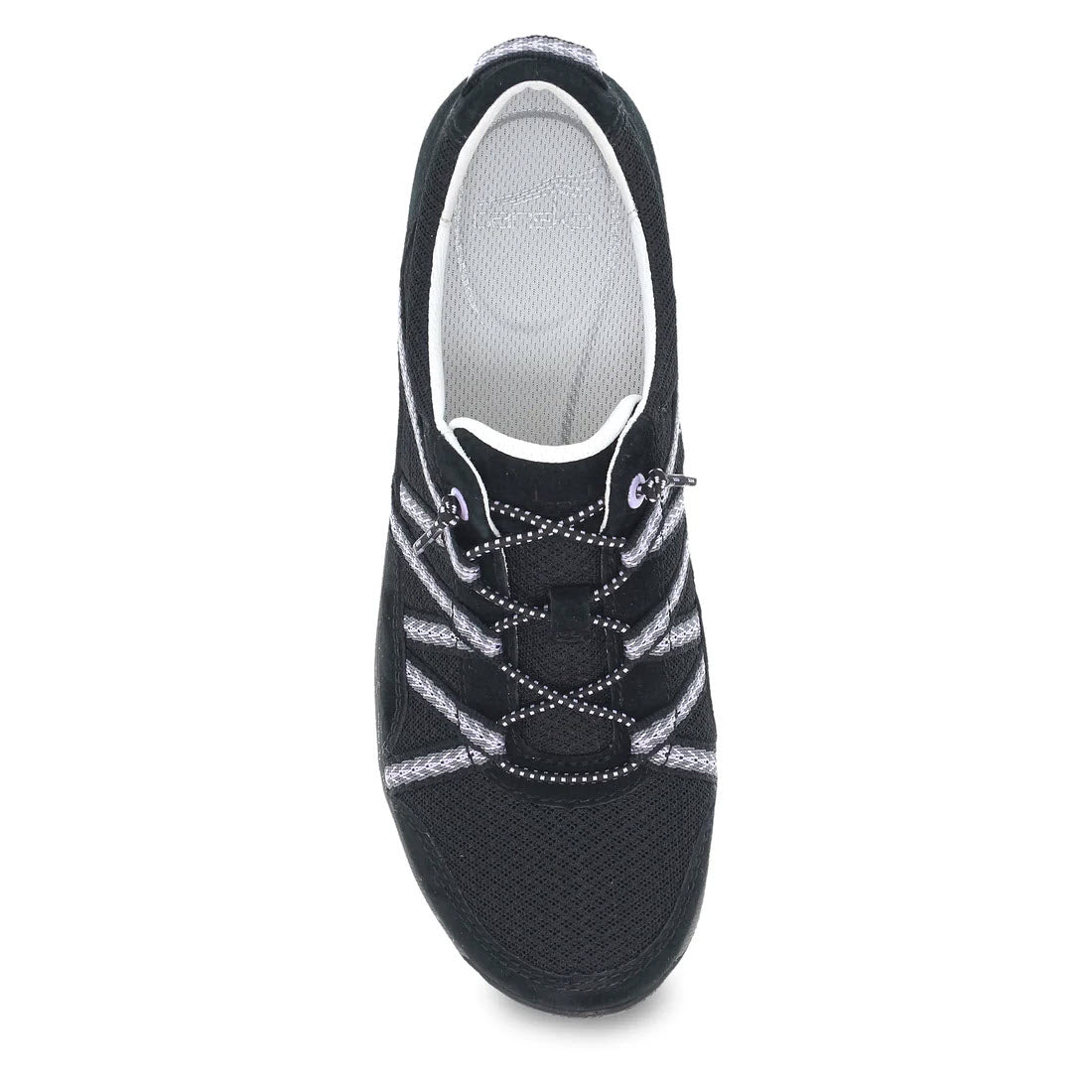 Top view of a single Dansko Harlyn Black sneaker with white soles and silver reflective accents, isolated on a white background.