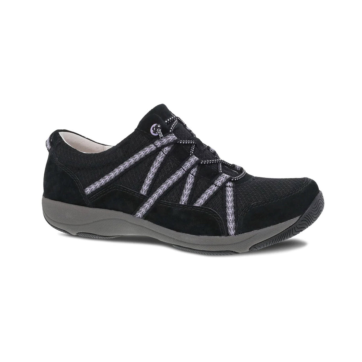 A single Dansko Harlyn Black women&#39;s casual sneaker with silver accents and premium support, displayed against a white background.