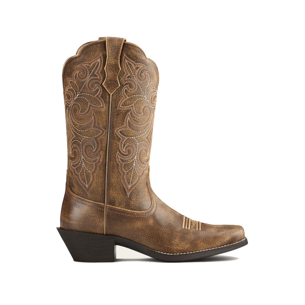 A single Ariat ARIAT ROUND UP SQUARE TOE VINTAGE BOMBER - WOMENS cowboy boot with intricate contrast stitching designs, a scalloped top, a squared toe, and a block heel.