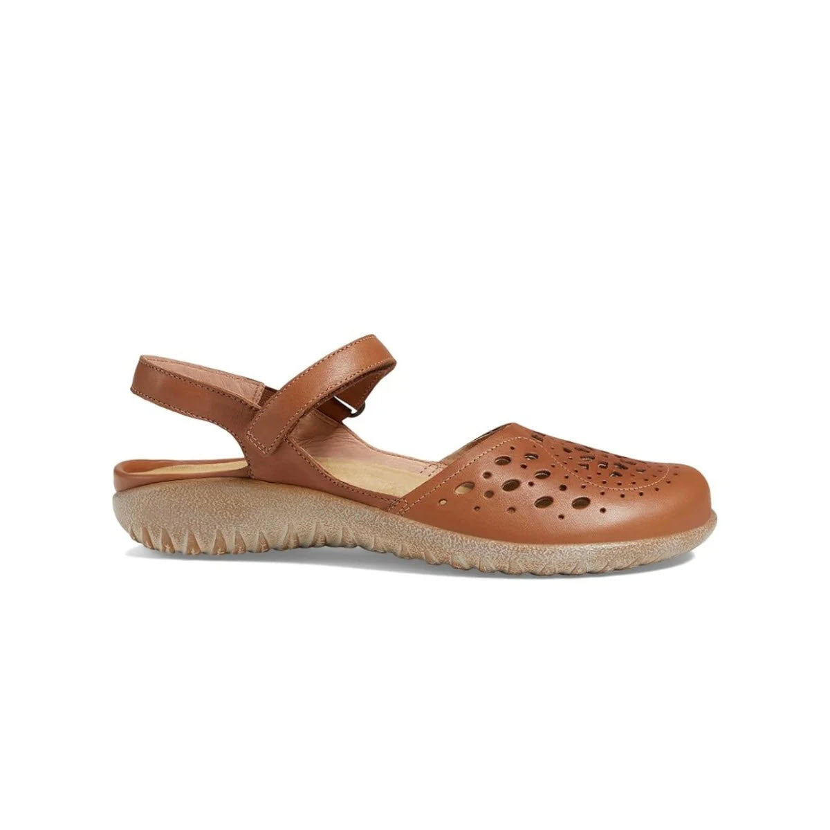 A single caramel leather Naot Arataki mary jane style shoe with an adjustable strap and decorative perforations, isolated on a white background.