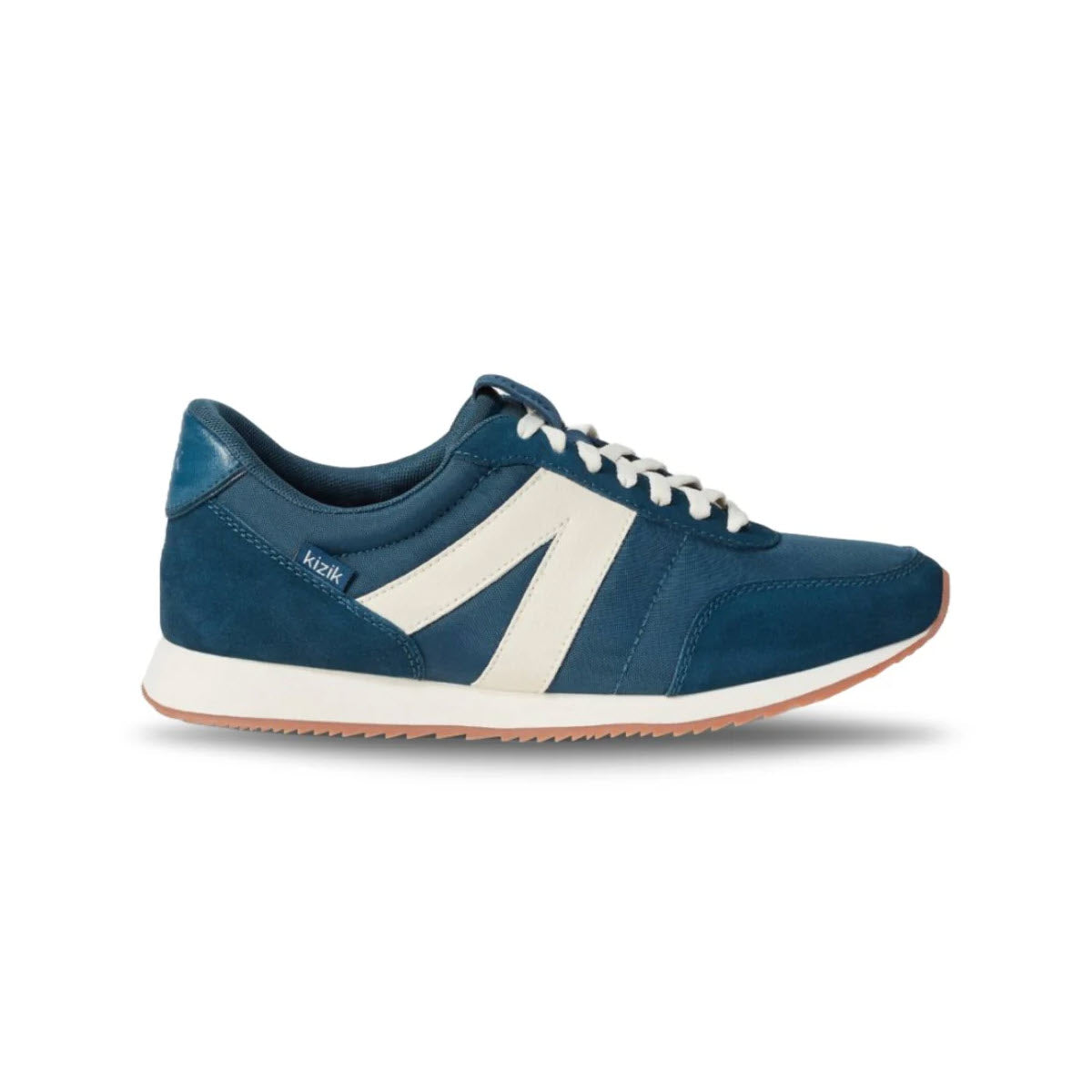 A side view of a comfortable Kizik Milan Tidepool - Adult sneaker with white accents and a logo, featuring a lace-up design and a flat rubber sole.