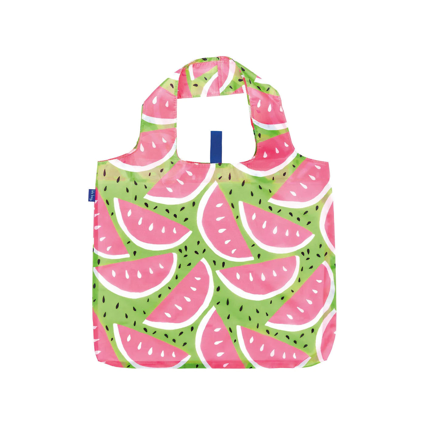 Replace the product in the sentence with: Rockflowerpaper BLU BAG WATERMELON with vibrant watermelon slice print on a white background, featuring integrated handles.