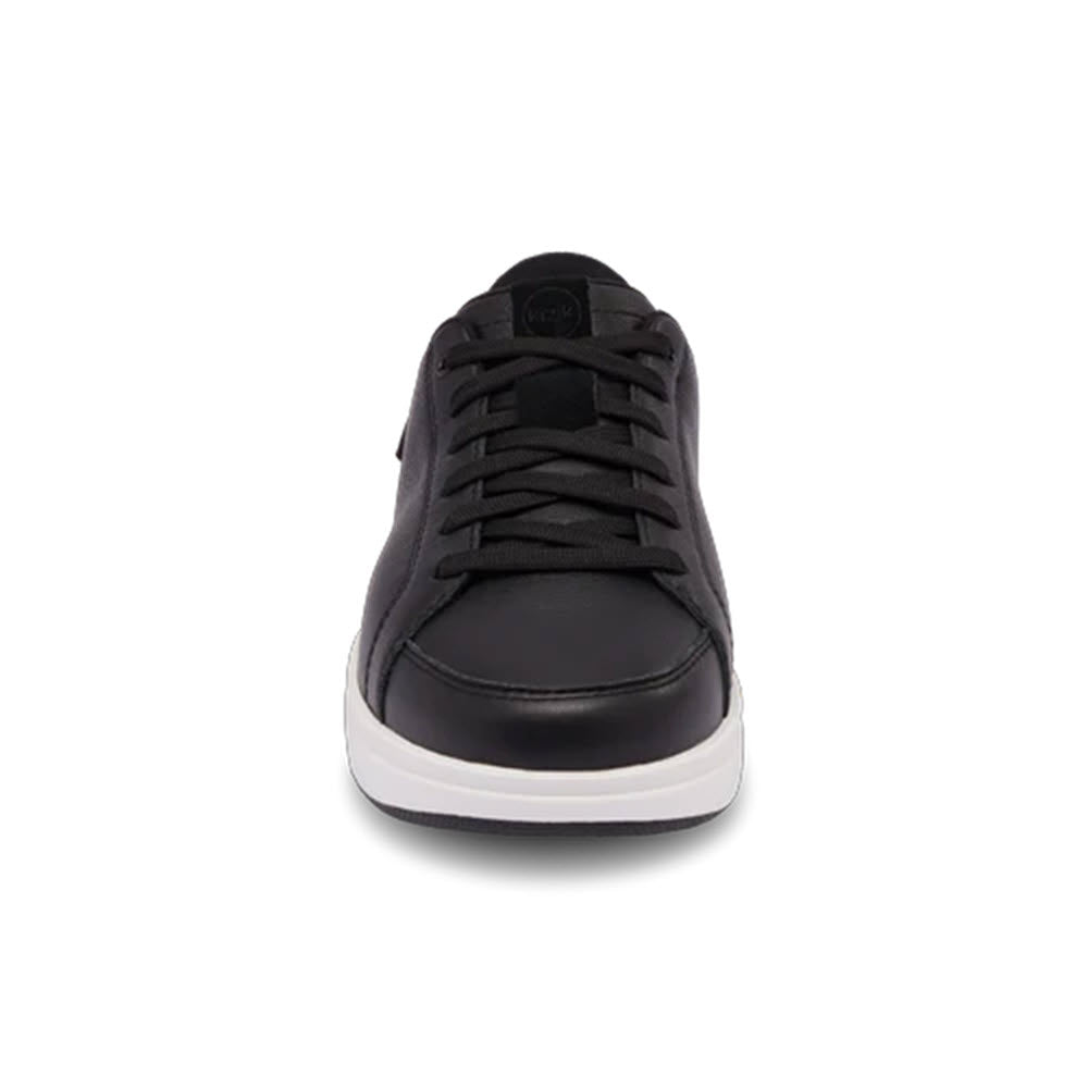 Front view of a Kizik Sydney black sneaker with white sole and black laces on a white background.
