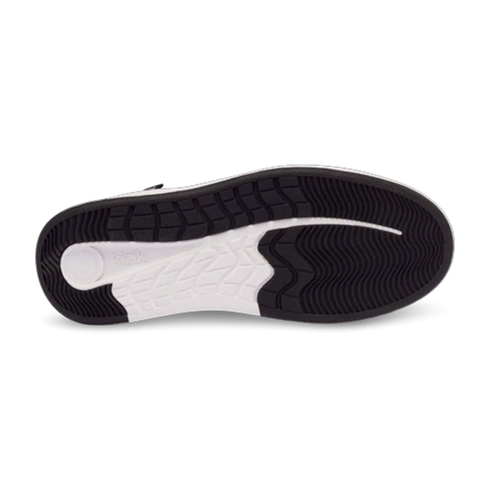 Bottom view of a hands-free shoe showing a black and white tread pattern with the Kizik Sydney Black - Womens brand name visible on the sole.