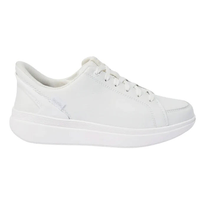 Side view of a single white low-top Kizik Sydney White sneaker with lace-up closure on a white background.