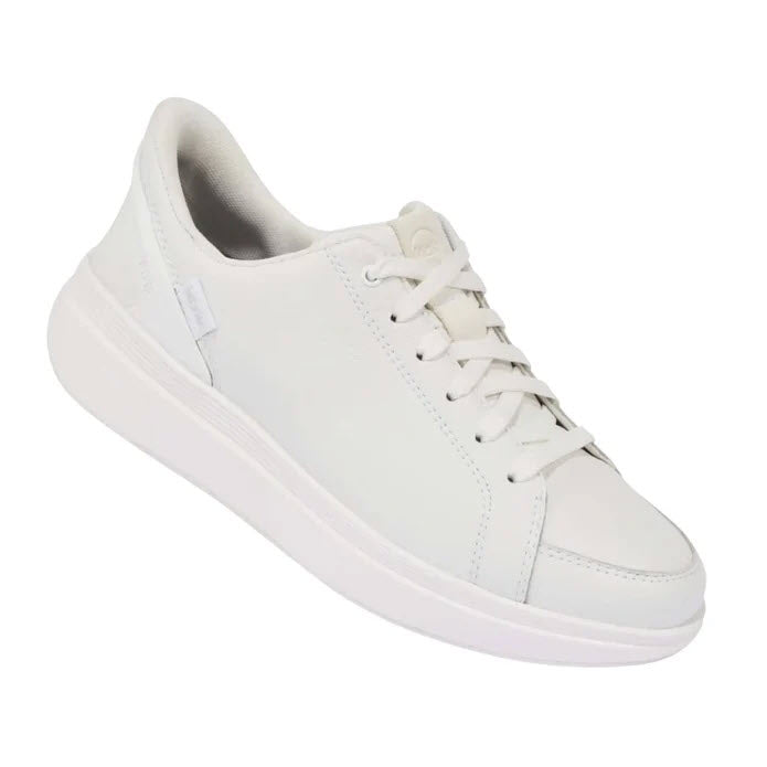 A single Kizik Sydney White sneaker with laces on a plain background, featuring a smooth surface and a hands-free shoe design.