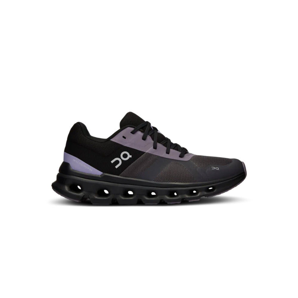 A black and purple Swiss-engineered ON Cloudrunner shoe with a distinctive bubble sole design, shown in a side profile on a white background.