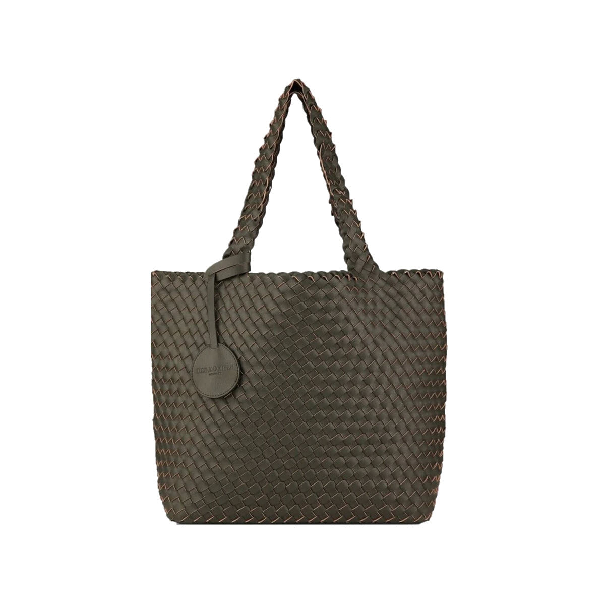A Ilse Jacobsen woven tote dark shadow/gunmetal bag with a textured surface and a circular logo tag, displayed against a white background.