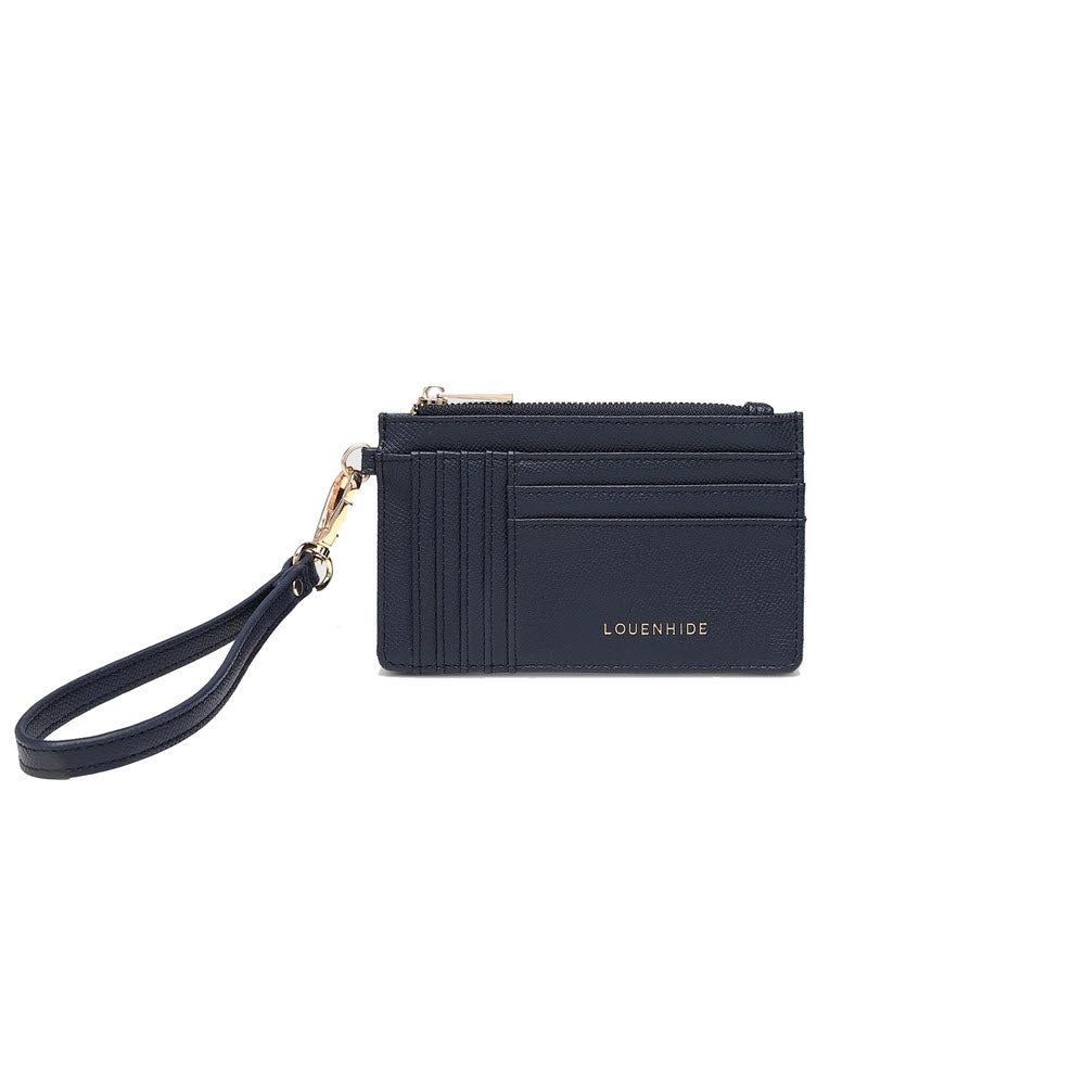 A small navy Louenhide Tahlia card holder wristlet wallet with multiple card slots and a zipper, displayed against a white background.