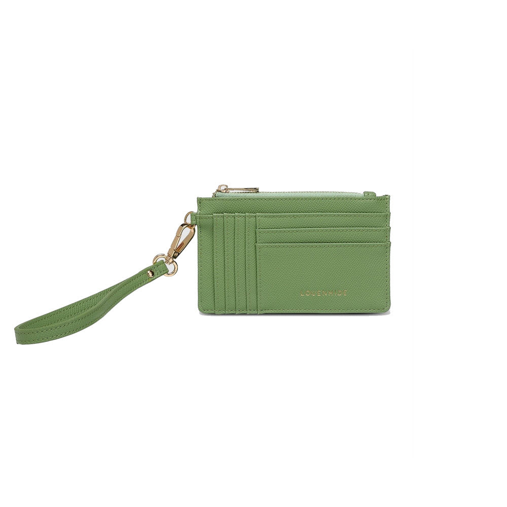 A light green Louenhide TAHLIA card holder avocado with a wrist strap, multiple card slots, a coin pocket, and gold-tone hardware, featuring the brand name embossed on the front.