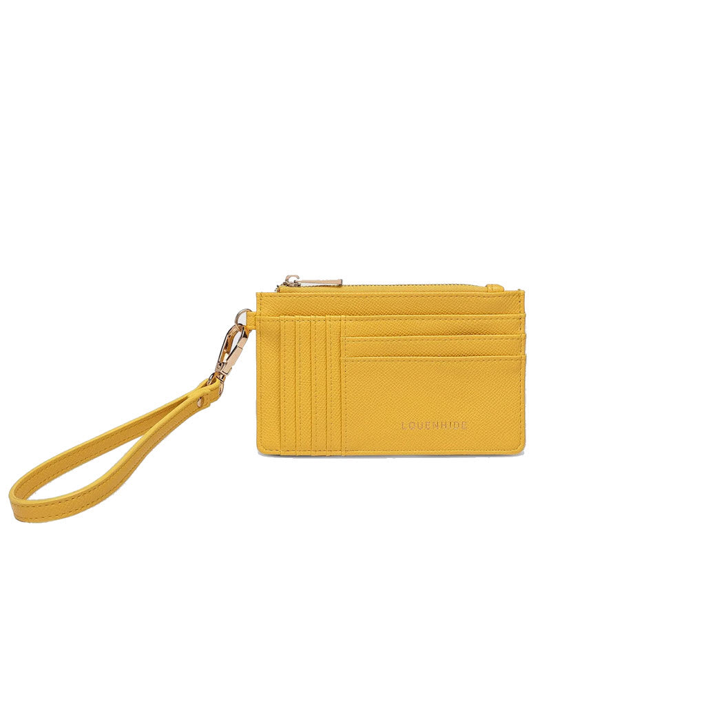 Yellow Louenhide vegan leather wristlet wallet with multiple card slots and a zippered compartment, featuring the LOUENHIDE TAHLIA brand logo on the front.