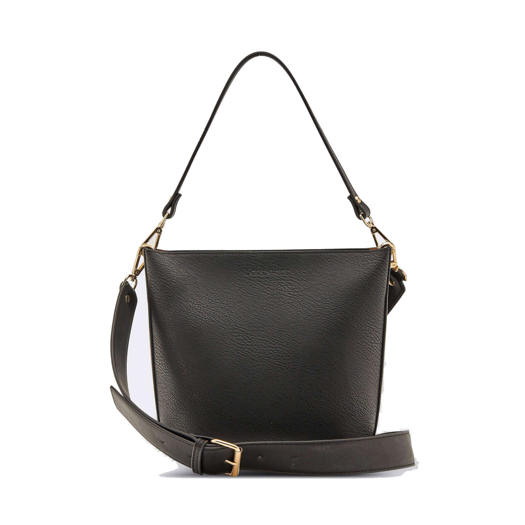 Louenhide Charlie Crossbody Black vegan leather shoulder bag with adjustable strap and gold-tone hardware, isolated on a white background.