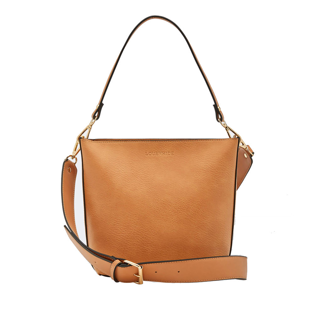 Louenhide Charlie Crossbody Nutmeg shoulder bag with an adjustable strap and gold-tone hardware, isolated on a white background.