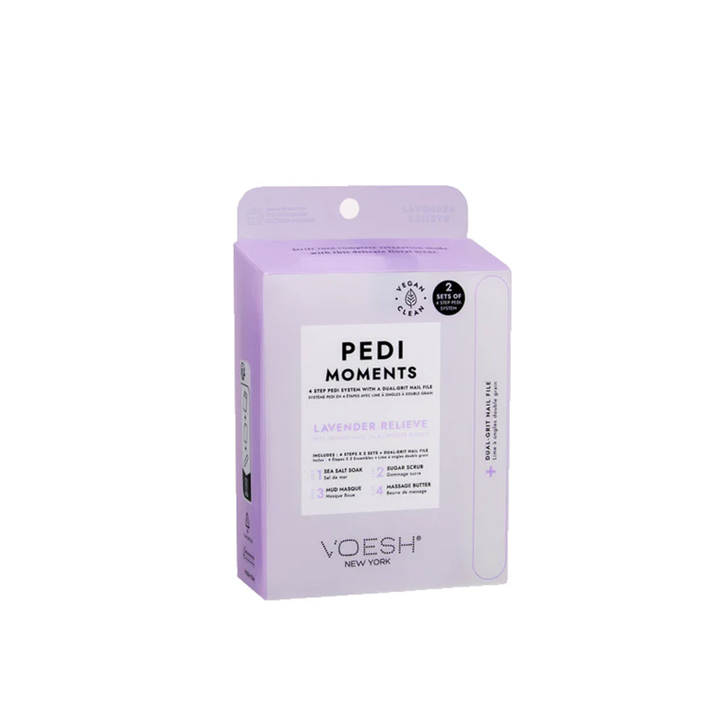A box of Voesh New York Pedi Kit Lavender relieve, showing it offers 3-in-1 spa pedicure essentials.