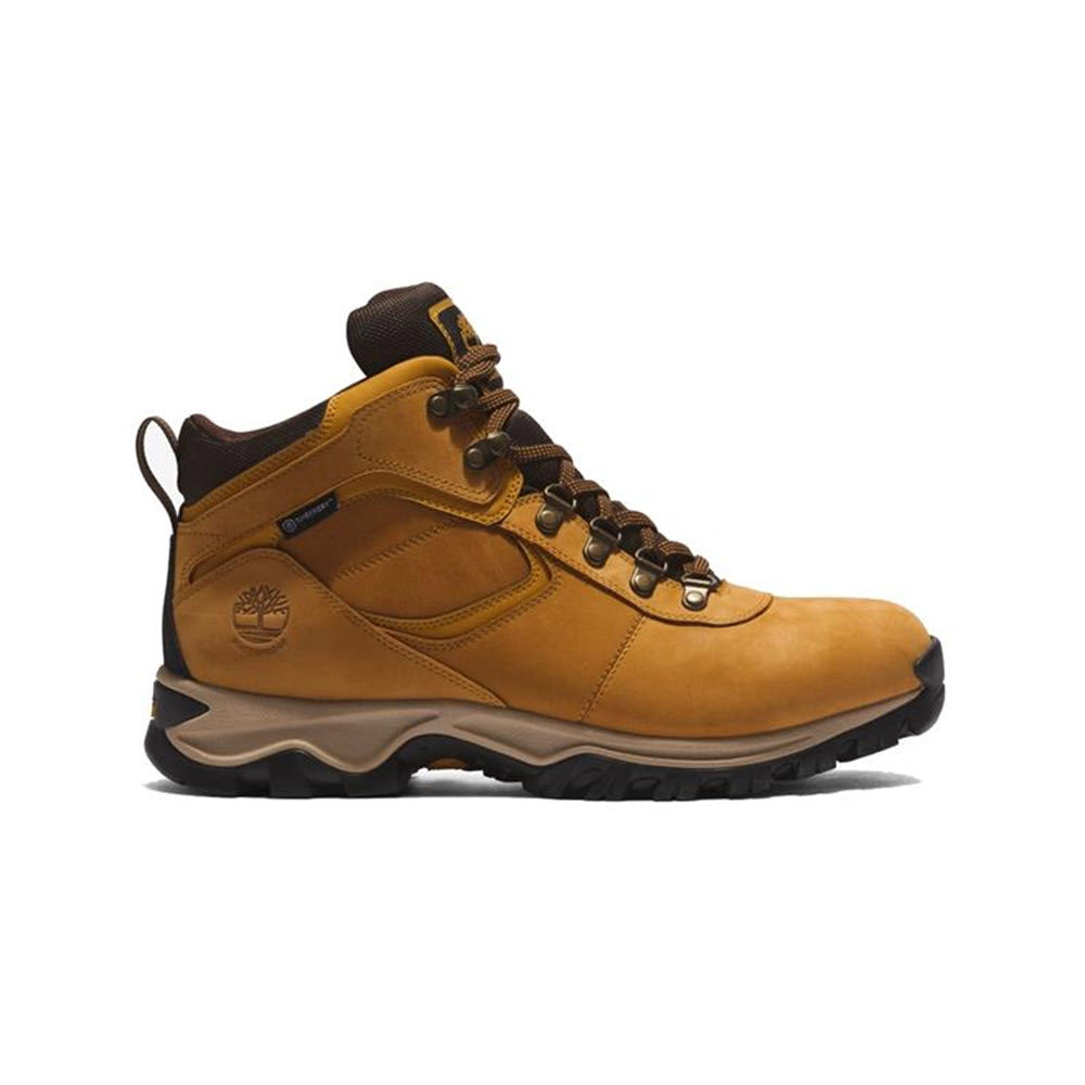 A single brown leather Timberland Mt. Maddsen Mid Leather Waterproof Wheat hiking boot with sturdy laces and a thick rubber sole, isolated on a white background.