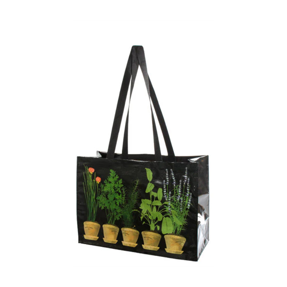 Replace sentence: LINNEA MARKET TOTE HERBS by Linnea with a print of various herbs in pots on a white background, featuring labels for each herb.