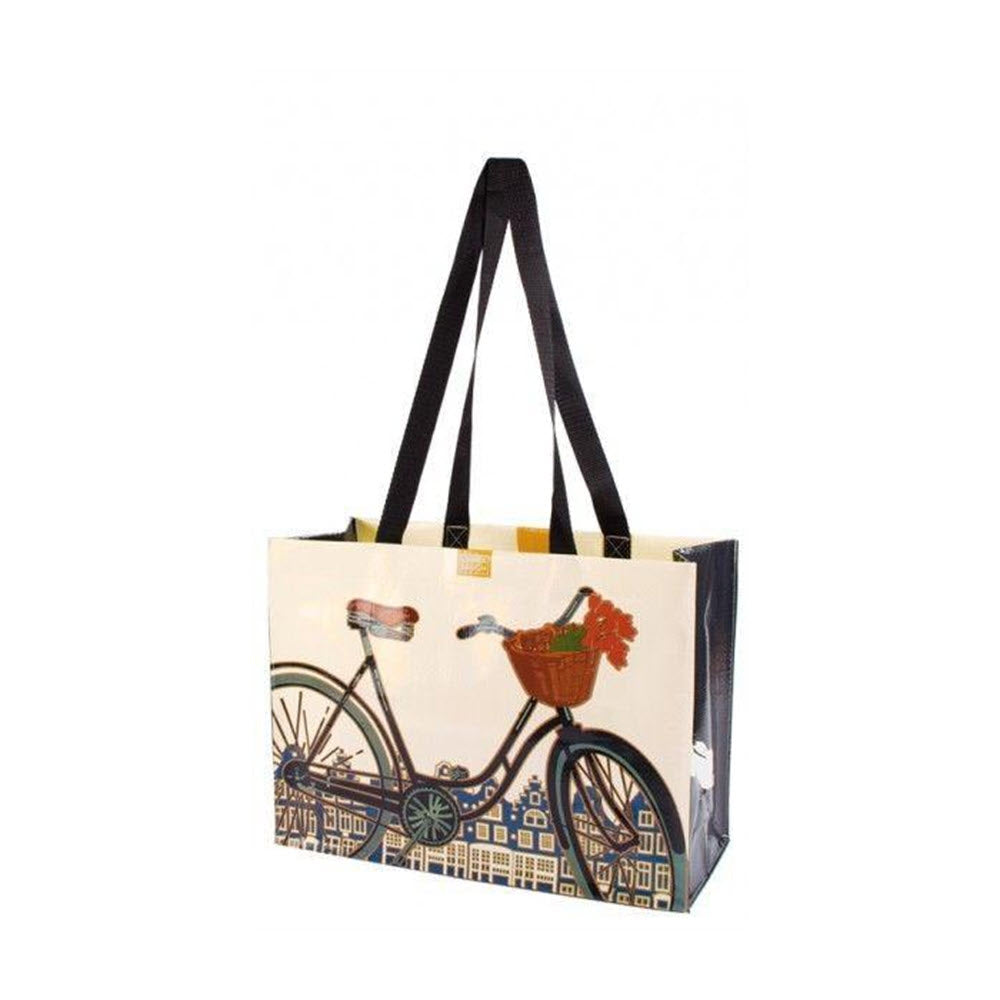 A Linnea Market Tote Bike featuring a printed design of a bicycle with a basket in front of stylized building façades.