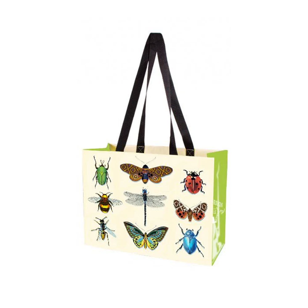 A colorful LINNEA MARKET TOTE LOVE BUGS featuring illustrated insects and butterflies on a white background, with black handles, a green side panel, and reinforced bottoms.