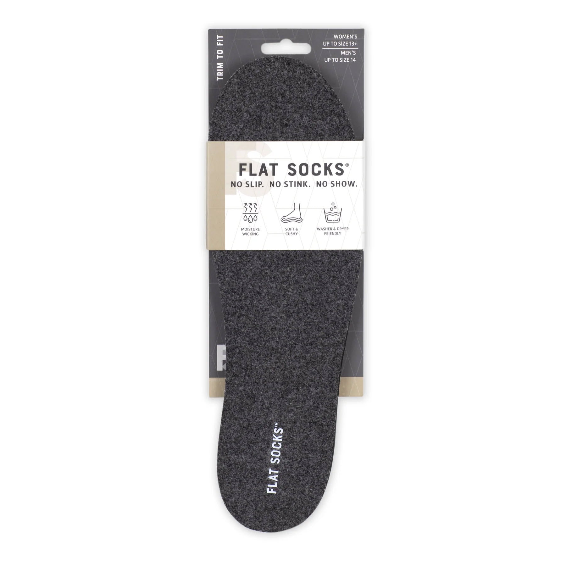 A pair of FLAT SOCKS DARK GRAY - MENS no-show socks displayed on a cardboard hanger, labeled "FLAT SOCKS" with text detailing features like "no slip, no stink, moisture-wicking.