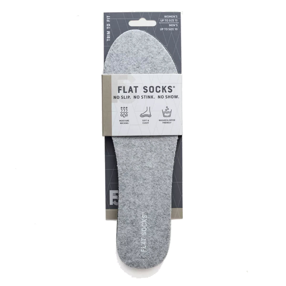 A Flat Socks Light Gray - Mens flat sock displayed in front of its packaging, which is labeled "FLAT SOCKS, no slip, no stink, no show.