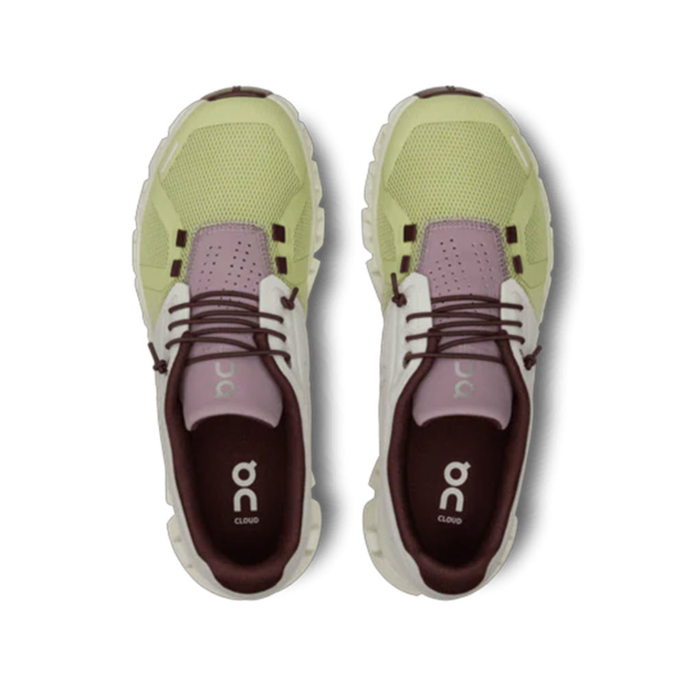 A pair of ON RUNNING CLOUD 5 ICE/HAZE - WOMENS athletic shoes designed for all-day comfort with a light green and purple color scheme, viewed from above.
