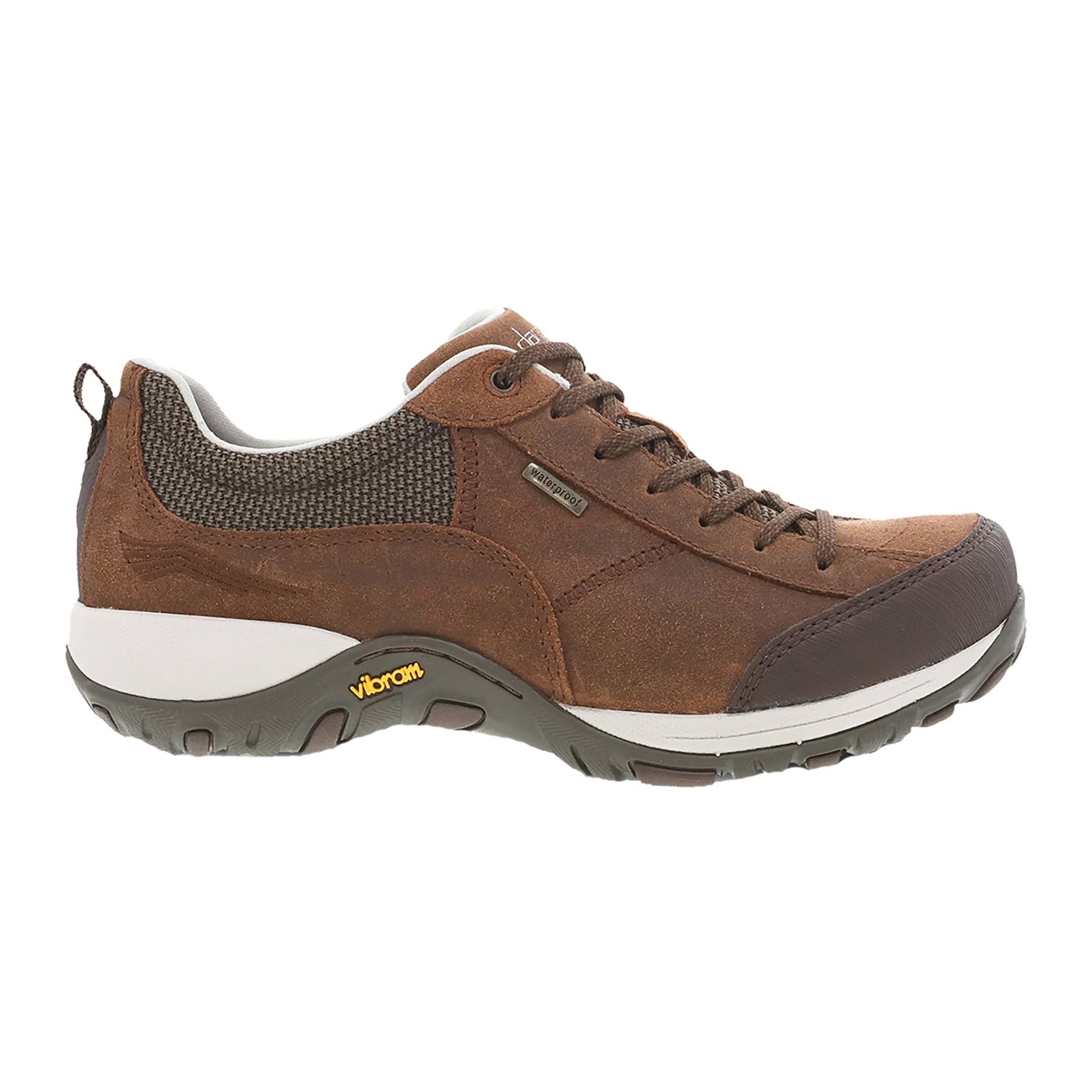 Dansko Paisley brown burnished hiking shoe with mesh panels and a white sole, featuring a slip-resistant Vibram rubber outsole.